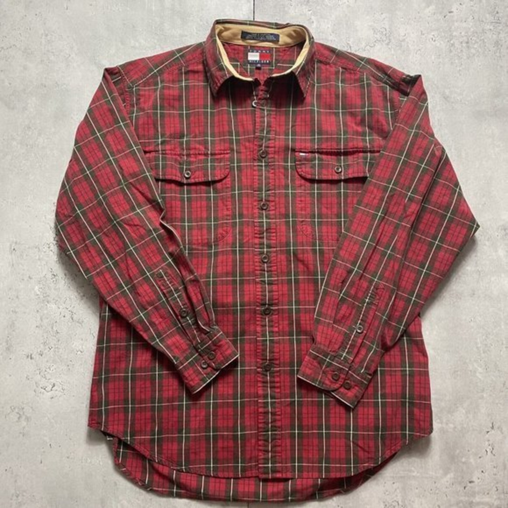 Vtg Tommy Hilfiger Shirt Plaid Red Green Long Sleeve Cotton Button Down Sz M‎